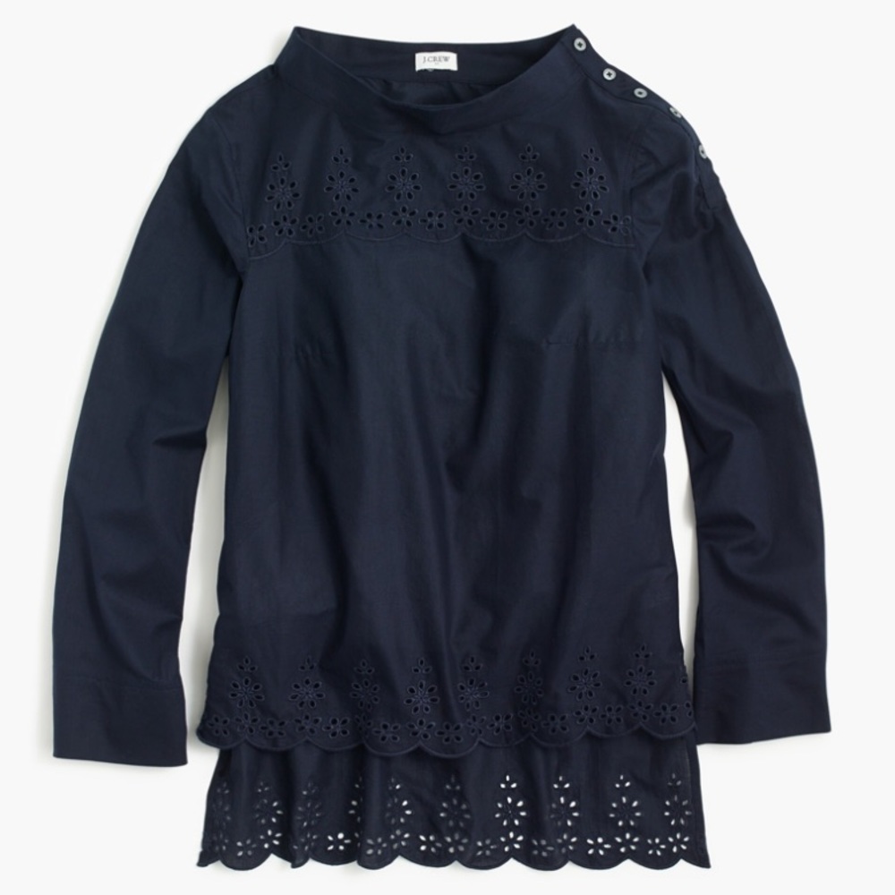 NWT J. Crew Factory Scalloped Eyelet Funnelneck Top In Navy Blue